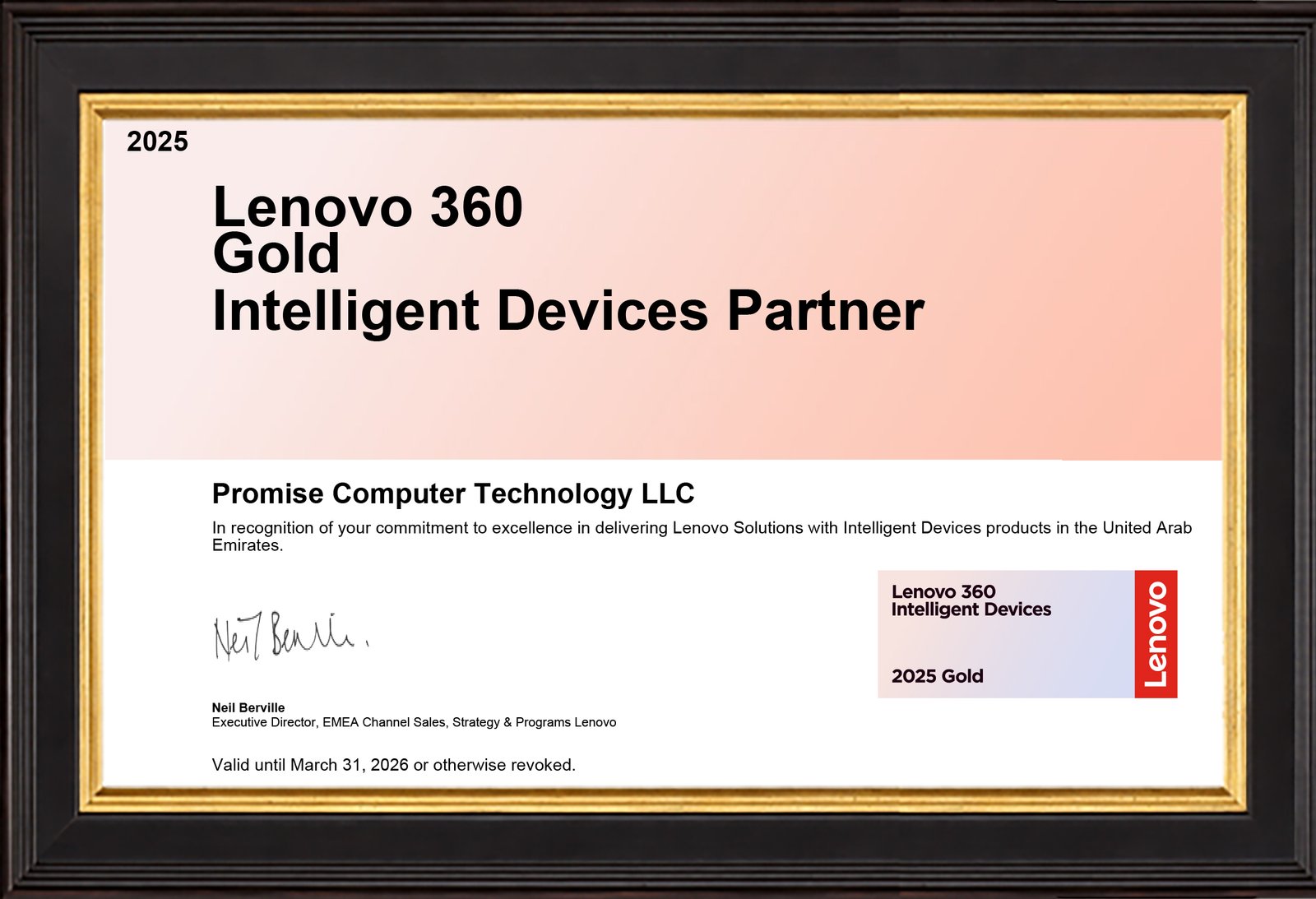 Lenovo 360 Gold Intelligent Devices Certificate